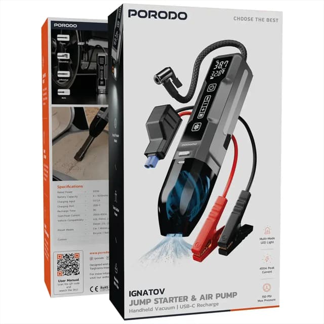 جامپ استارتر و پمپ باد هوشمند پرودو مدل Porodo Ignatov Jump Starter & Air Pump