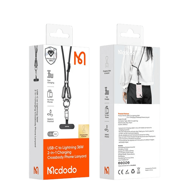 کابل شارژ تایپ سی به لایتنینگ مک دودو MCDODO CA-682 36 وات به همراه بند اویز