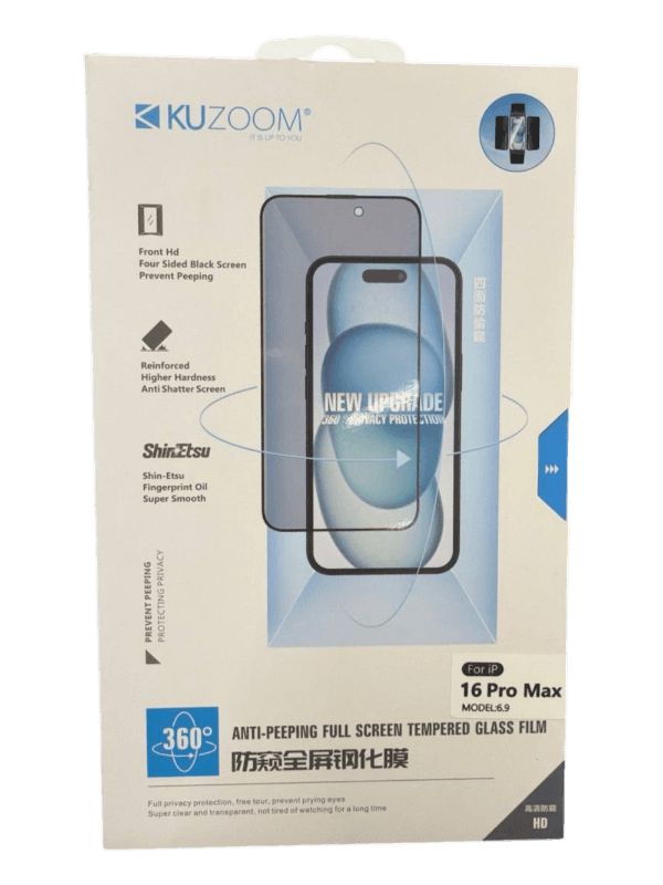 گلس محافظ صفحه نمایش KUZOOM مدل privacy 360 مناسب iPhone 16 / 16 pro / 16 pro max